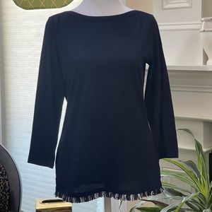 Talbots Pima Cotton Top Sz XS Navy White Fringe Hem 3/4 Sleeves Boat Neck NWT